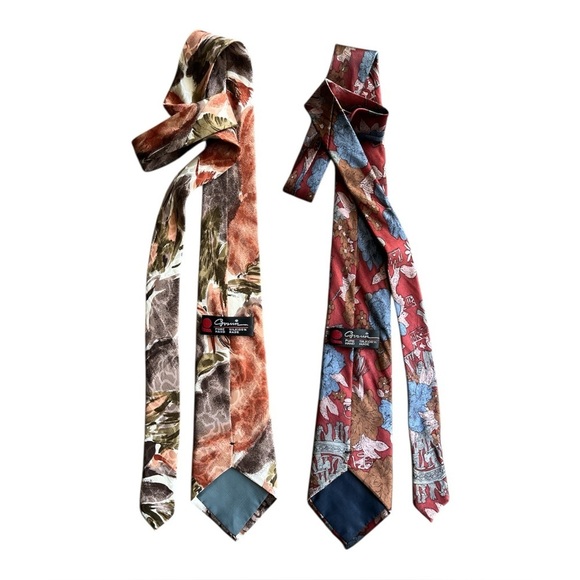 Lot 2X Girun Hand Made Pure 100% Silk Ties Floral Lush Red Blue Brown - Picture 2 of 6